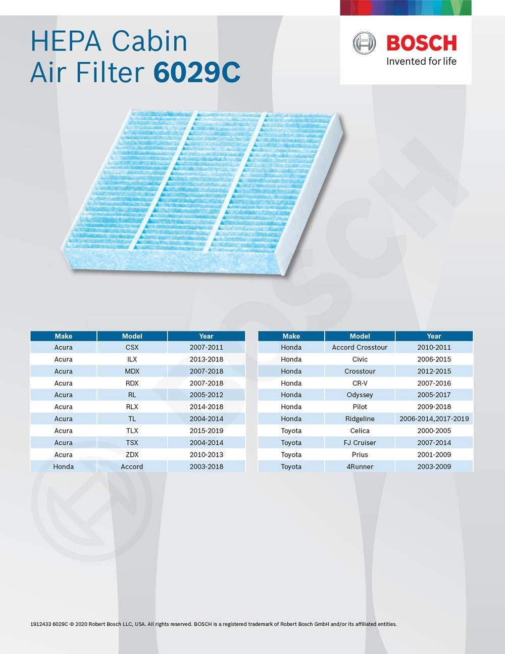imageBOSCH 6029C HEPA Cabin Air Filter  Compatible With Select Acura CSX ILX MDX RDX RL RLX TL TLX TSX ZDX Honda Accord Civic Crosstour CRV Odyssey Passport Pilot Ridgeline