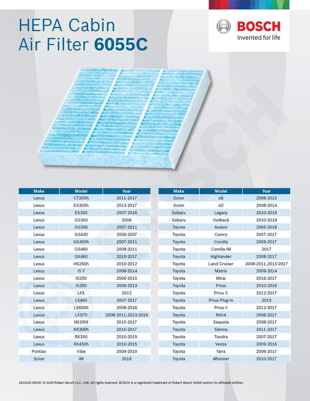 imageBOSCH 6055C HEPA Cabin Air Filter  Compatible with Select Lexus ES GS GX IS LS RX Subaru Legacy Outback Toyota 4Runner Camry Corolla Highlander Prius RAV4 Sequoia Sienna Tundra  More97 x 93 x 18