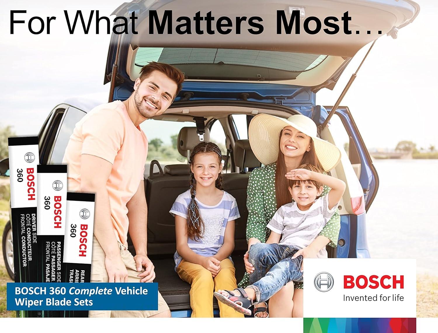 imageBOSCH B36014 360 Complete Vehicle Wiper Blade Replacement  Includes Front Beam Blades Pair  Rear Wiper Blade 1  26quot17quot12quot